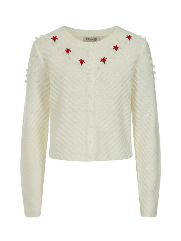 Banned Amelie Austrian Cardigan - 40s Style Pom Pom Embroidered Sweater-Ivory