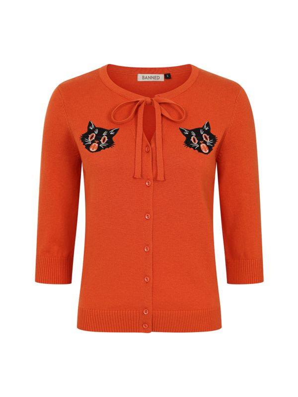 Retro Orange Cardigan with Keyhole Tie Neck and Black Cat Embroidery ? Vintage-Inspired Knitwear"-Orange
