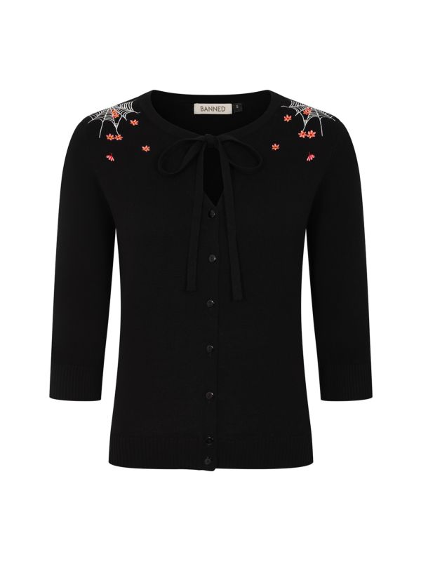 Banned Mia Spiderweb Blossom Cardigan - 50s Style Gothic Floral Bow Front Sweater-Black