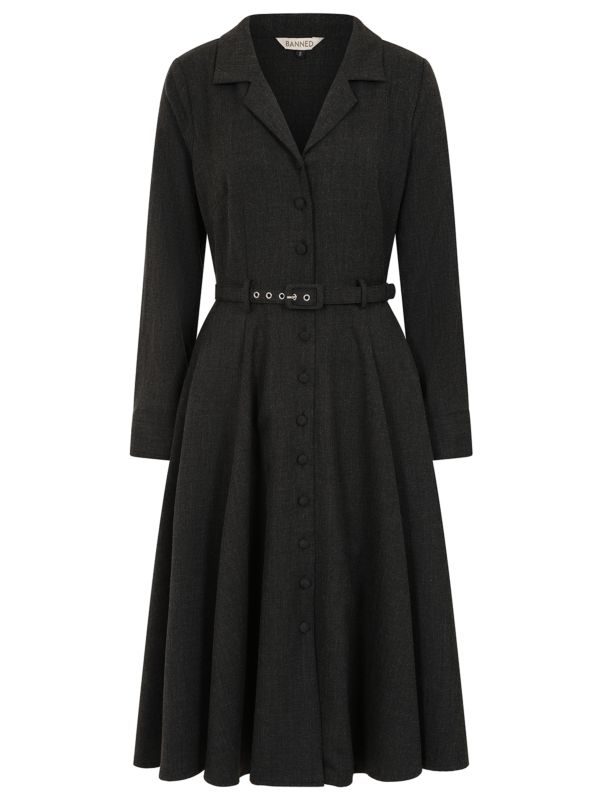 BANNED Retro Marigold Button-Up Dress with Belt and Pockets-Grey