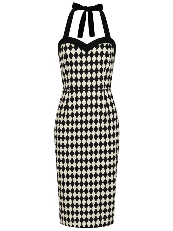 BANNED Retro Rhona Harlequin Pencil Dress with Sweetheart Neckline-Black/White