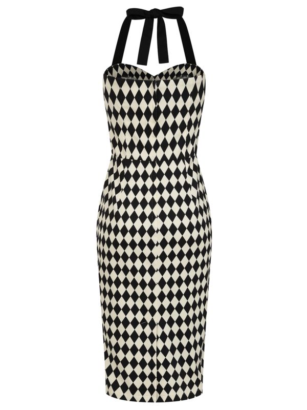 BANNED Retro Rhona Harlequin Pencil Dress with Sweetheart Neckline-Black/White