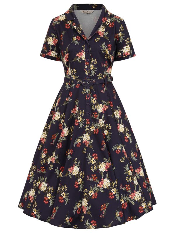 BANNED Retro Bella Romantic Floral Swing Dress-Blue