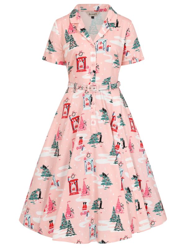 BANNED Retro Bella Puurfect Christmas Swing Dress with Pockets-Pink