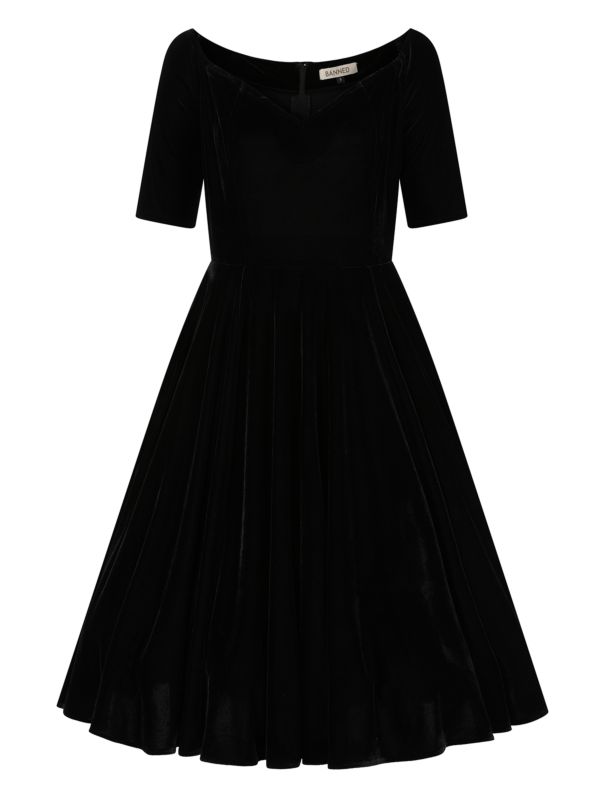 BANNED Retro Amalia Off-Shoulder Velvet Swing Dress-Black
