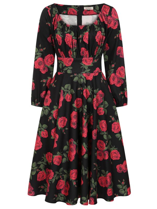 Banned Mina Romantic Roses Swing Dress - 50s Style Floral Circle Dress-Black
