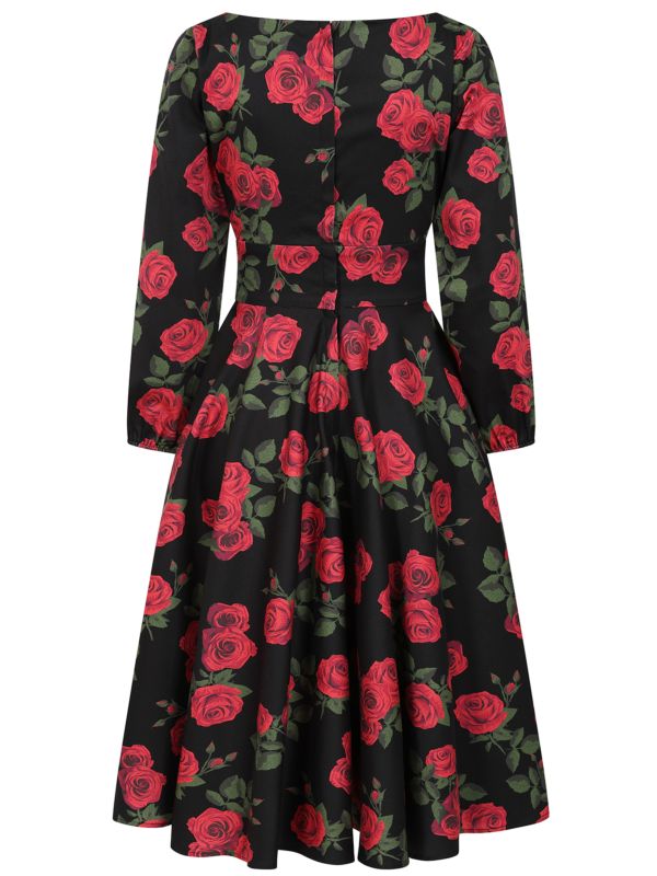 Banned Mina Romantic Roses Swing Dress - 50s Style Floral Circle Dress-Black