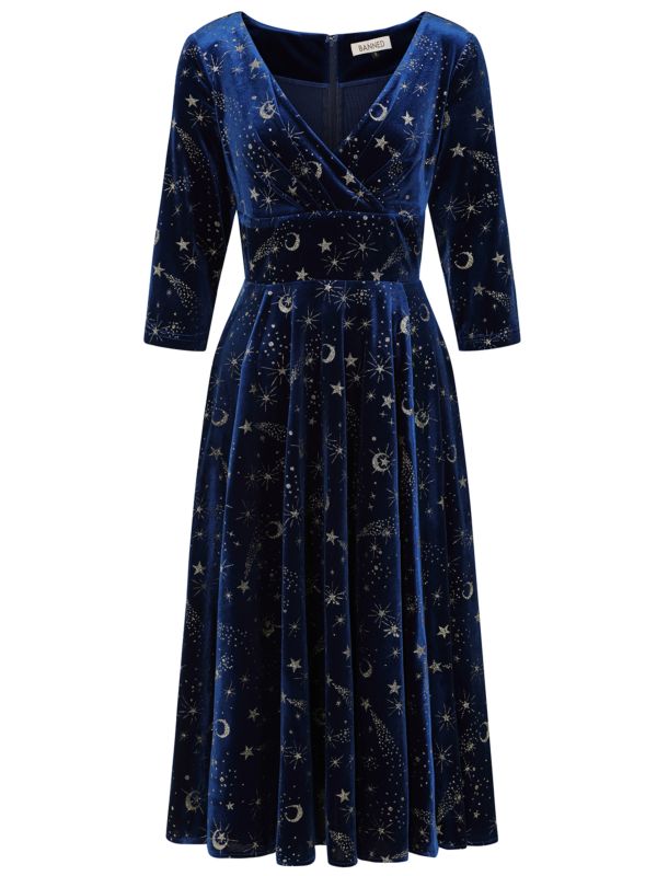 Banned Luna Celestial Glitter Swing Dress - Vintage 50s Style Galaxy Print V-Neck Dress-Blue