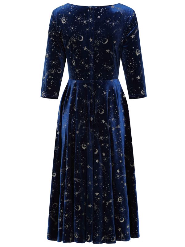 Banned Luna Celestial Glitter Swing Dress - Vintage 50s Style Galaxy Print V-Neck Dress-Blue