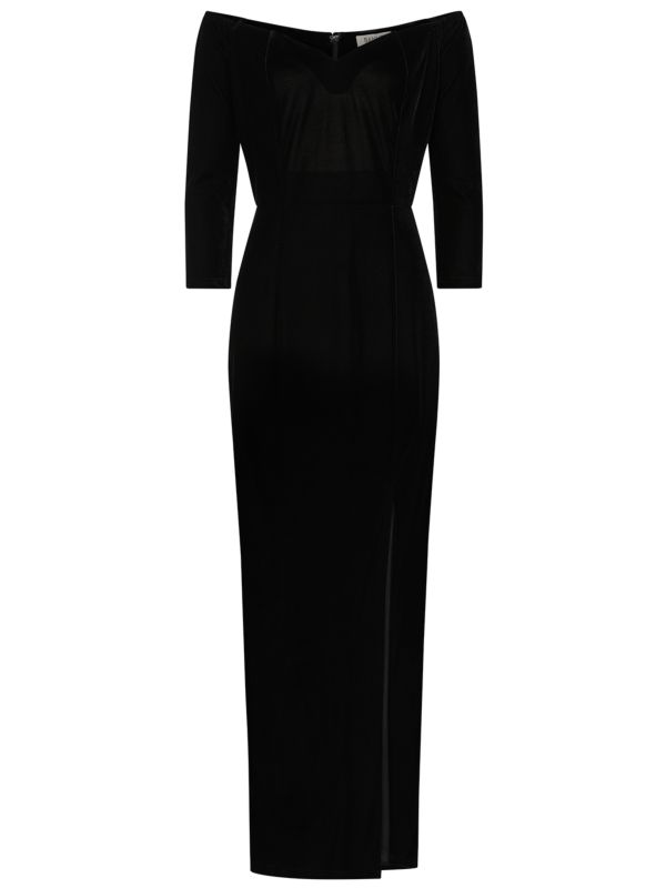 Banned Amalia Velvet Maxi Dress - Off-Shoulder 3/4 Sleeve Fitted Gown-Black