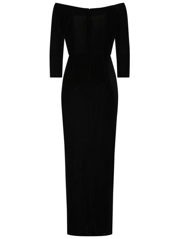Banned Amalia Velvet Maxi Dress - Off-Shoulder 3/4 Sleeve Fitted Gown-Black