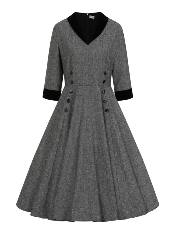 Banned Sylvia Herringbone Secretary Dress - Vintage 50s Style Contrast Collar Swing Dress-Grey