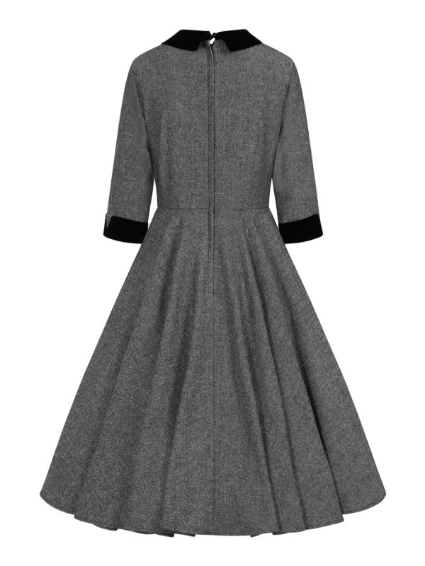 Banned Sylvia Herringbone Secretary Dress - Vintage 50s Style Contrast Collar Swing Dress-Grey