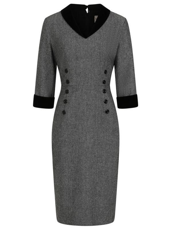 Banned Sylvia Herringbone Pencil Dress - Vintage 50s Secretary Style Office Dress-Grey