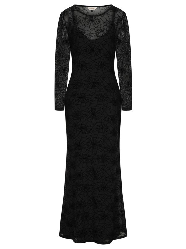 Banned Moira Gothic Spiderweb Mesh Maxi Dress with Long Sleeves - Double Layer Fitted Gown-Black