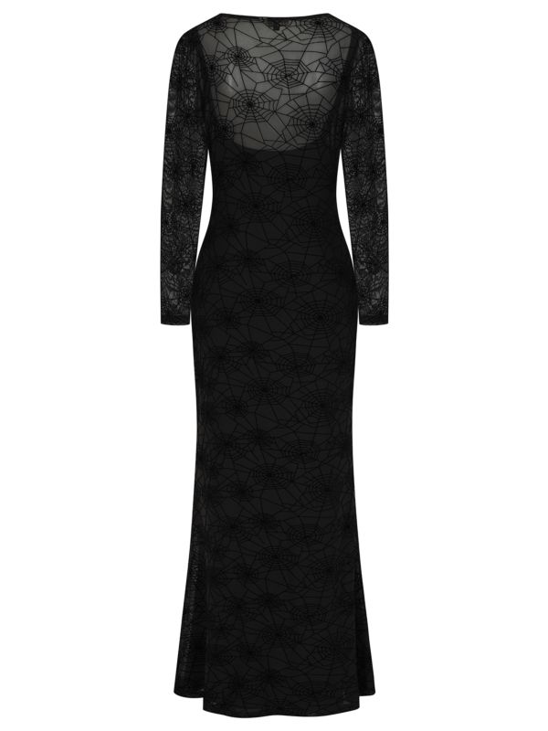 Banned Moira Gothic Spiderweb Mesh Maxi Dress with Long Sleeves - Double Layer Fitted Gown-Black