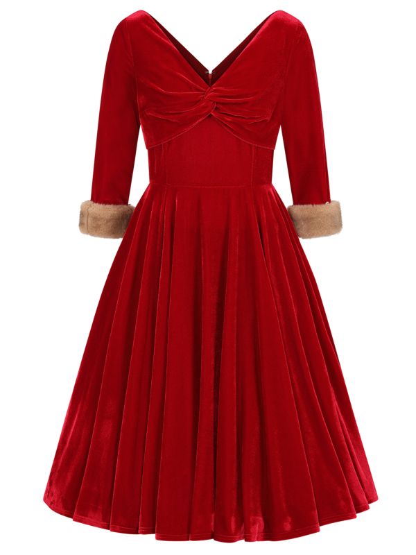 Banned Nina Velvet and Fur Swing Dress - 50s Style Twisted Bodice Circle Dress-Red