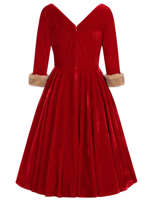 Banned Nina Velvet and Fur Swing Dress - 50s Style Twisted Bodice Circle Dress-Red