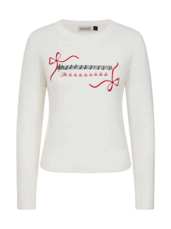 Banned Natalia Christmas Carol Jumper - 50s Style Embroidered Holiday Sweater-Ivory