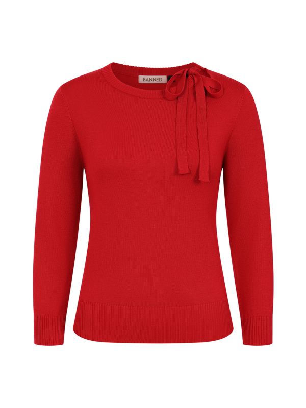 Banned Bella Bow Knit Jumper - 50s Style Keyhole Collar Sweater-Red