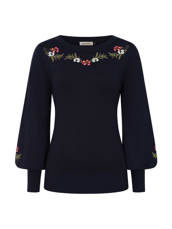 Banned Carla Romantic Floral Jumper - 70s Style Victorian Sleeve Sweater-Navy