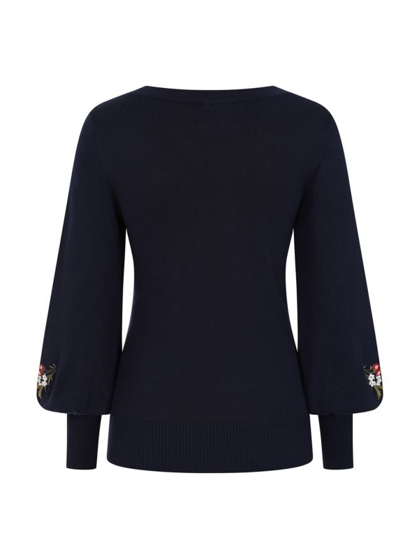 Banned Carla Romantic Floral Jumper - 70s Style Victorian Sleeve Sweater-Navy
