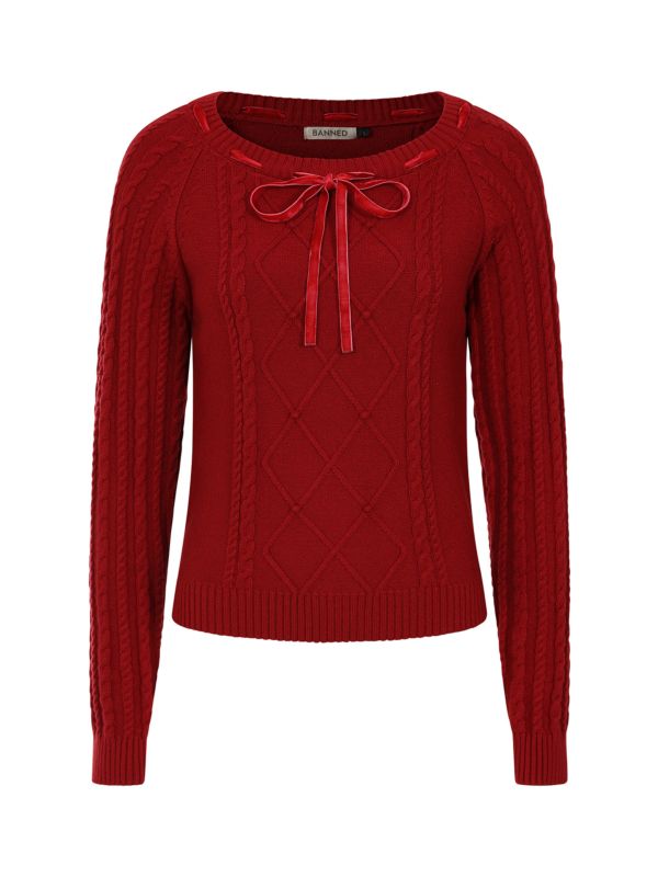 Banned Mona Cable Knit Jumper - 40s Style Vintage Sweater-Red