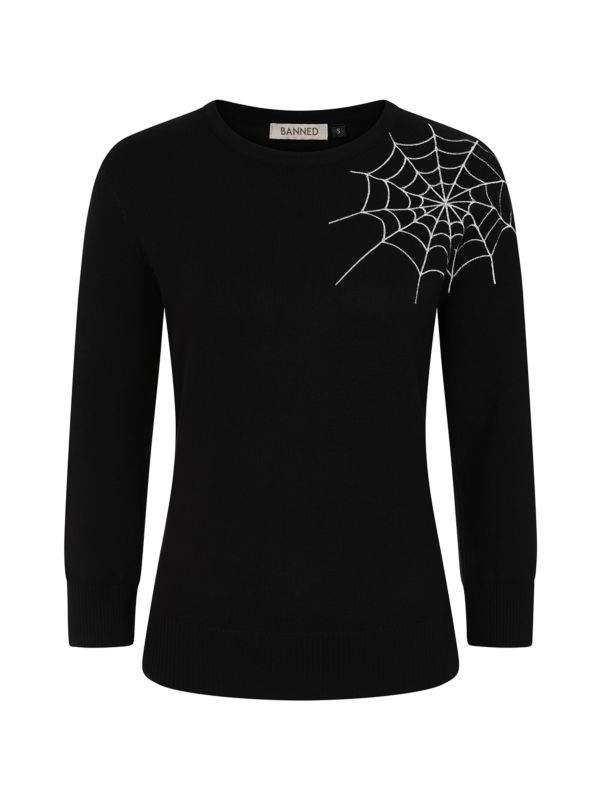 Banned Alina Spiderweb Jumper - 40s Style Gothic Embroidered Sweater-Black