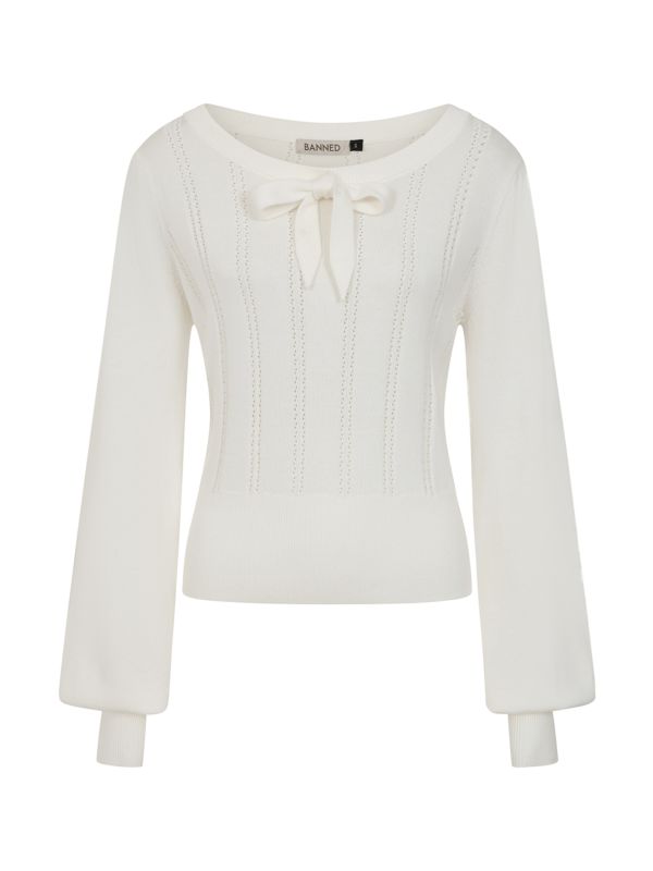 Banned Angel 40s Pointelle Knit Jumper - Crew Neck Pussy Bow Balloon Sleeve Sweater-OffWhite