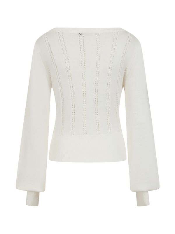 Banned Angel 40s Pointelle Knit Jumper - Crew Neck Pussy Bow Balloon Sleeve Sweater-OffWhite