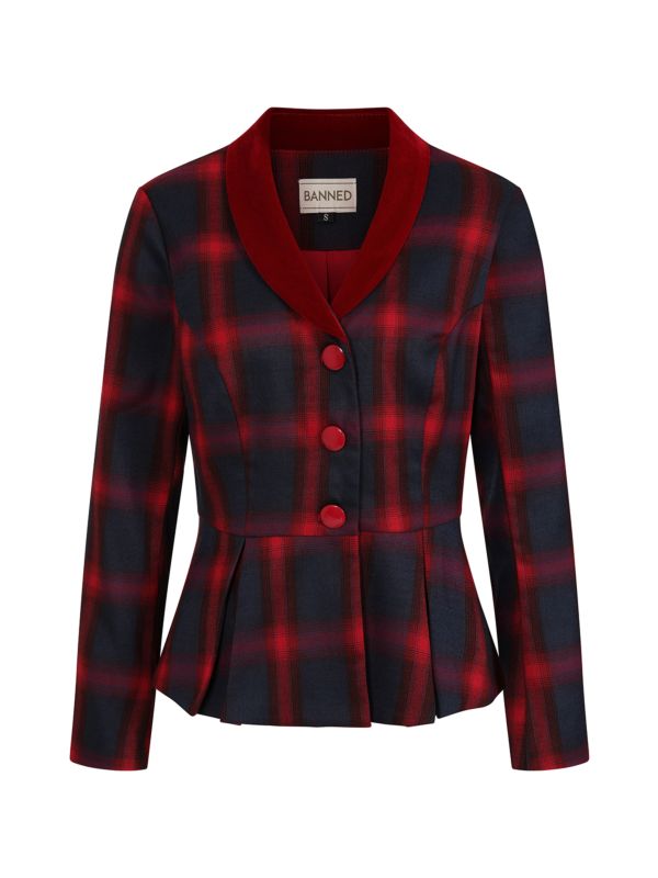 Banned Simona Check Blazer - 50s Style Plaid Fitted Suit Jacket-Red/Blue
