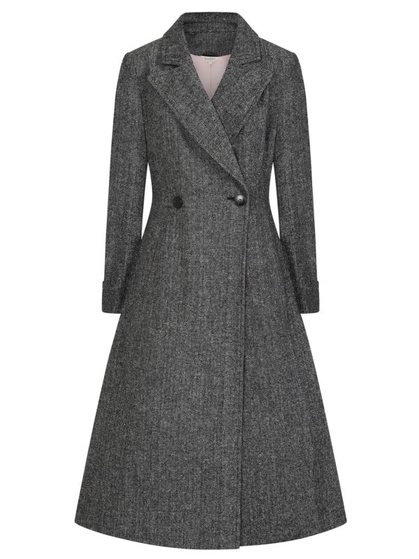 Banned Abigail Herringbone Wool Blend Coat - 40s Style Double-Breasted A-Line Coat-Grey