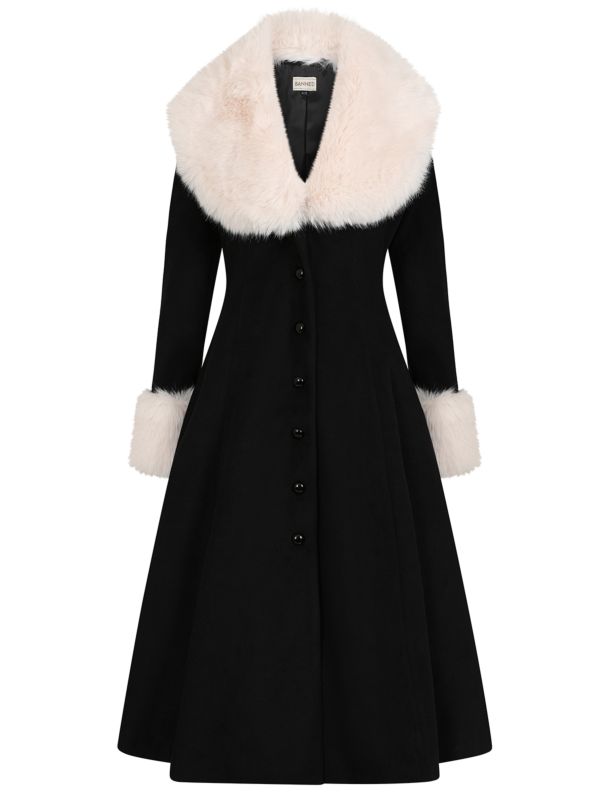 Banned Martha Fur Trim Swing Coat - 50s Style Faux Fur Collar Coat-Black