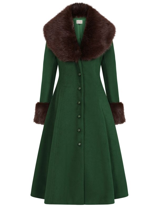 Banned Martha Fur Trim Swing Coat - 50s Style Faux Fur Collar Coat-Green