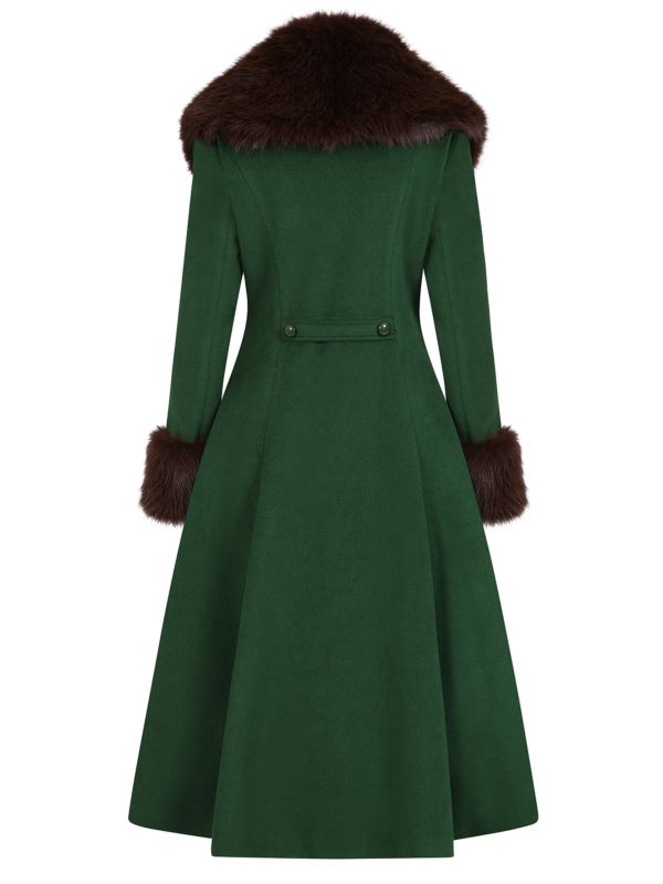 Banned Martha Fur Trim Swing Coat - 50s Style Faux Fur Collar Coat-Green