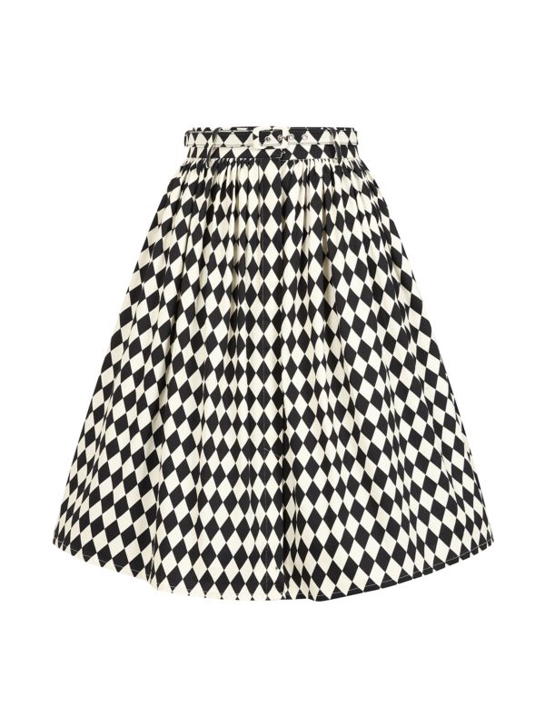 Banned Millie Harlequin Circle Skirt - Retro Style Diamond Print Swing Skirt with Belt-Black/White