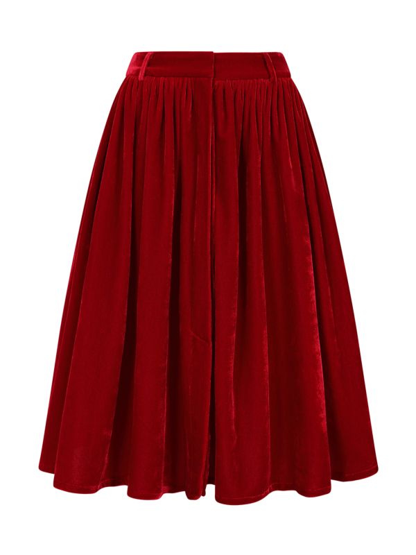 Banned Millie Velvet Circle Skirt - Retro Style Luxury Swing Skirt with Belt-Red