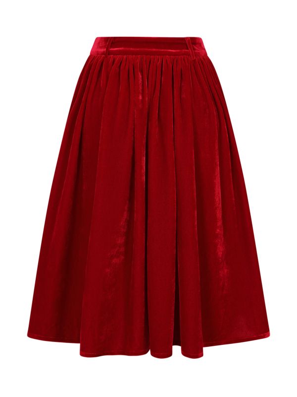 Banned Millie Velvet Circle Skirt - Retro Style Luxury Swing Skirt with Belt-Red