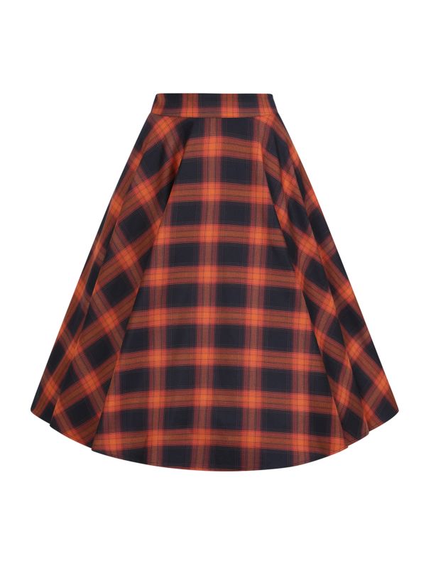 Banned Sue Pumpkin Check Circle Skirt - Retro Style Orange Plaid Swing Skirt-Orange/Blue