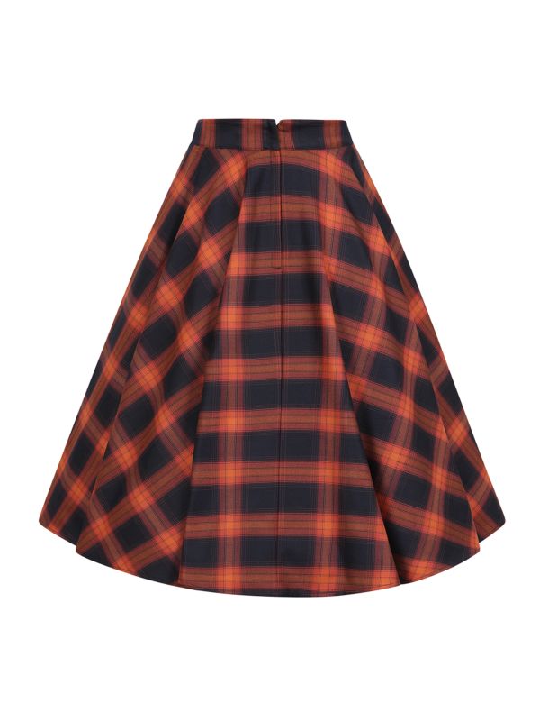 Banned Sue Pumpkin Check Circle Skirt - Retro Style Orange Plaid Swing Skirt-Orange/Blue
