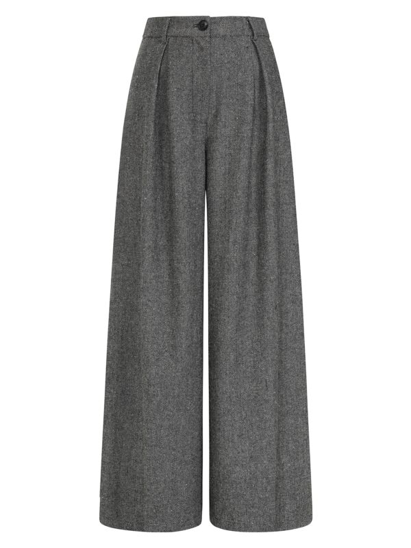Banned Lori Herringbone Palazzo Trousers - 40s Style Wool Mix Wide Leg Pants-Grey