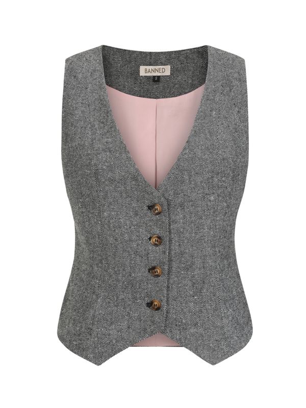 Banned Selma Herringbone Waistcoat - 40s Style Grey Fitted Vest-Grey