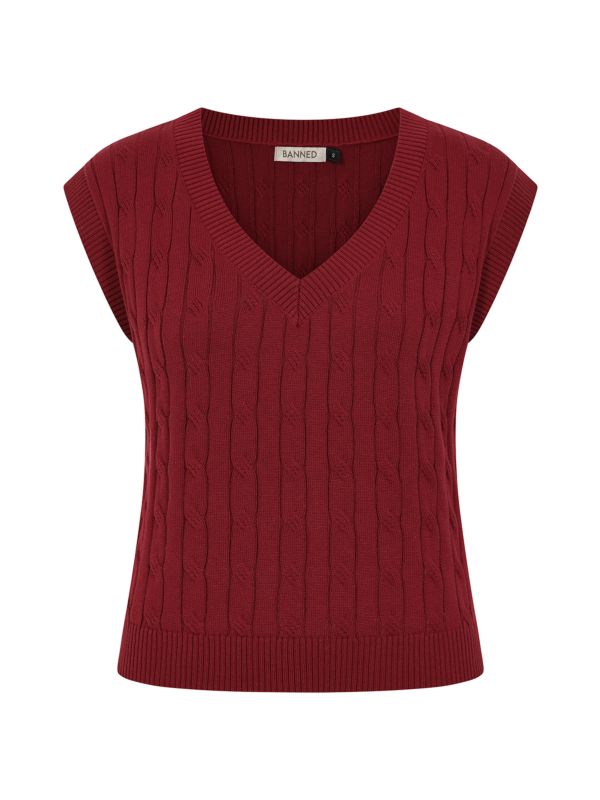 Banned Gina Cable Knit Waistcoat - 40s Style Menswear Inspired Vest-Burgundy