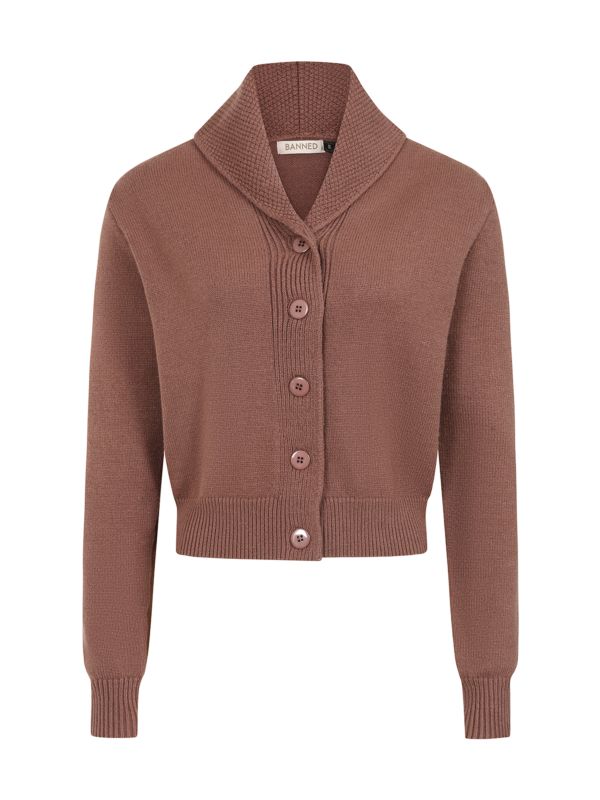 Banned Violet 40s/50s Crop Cardigan - Retro Style Shawl Collar Button-Up-Brown