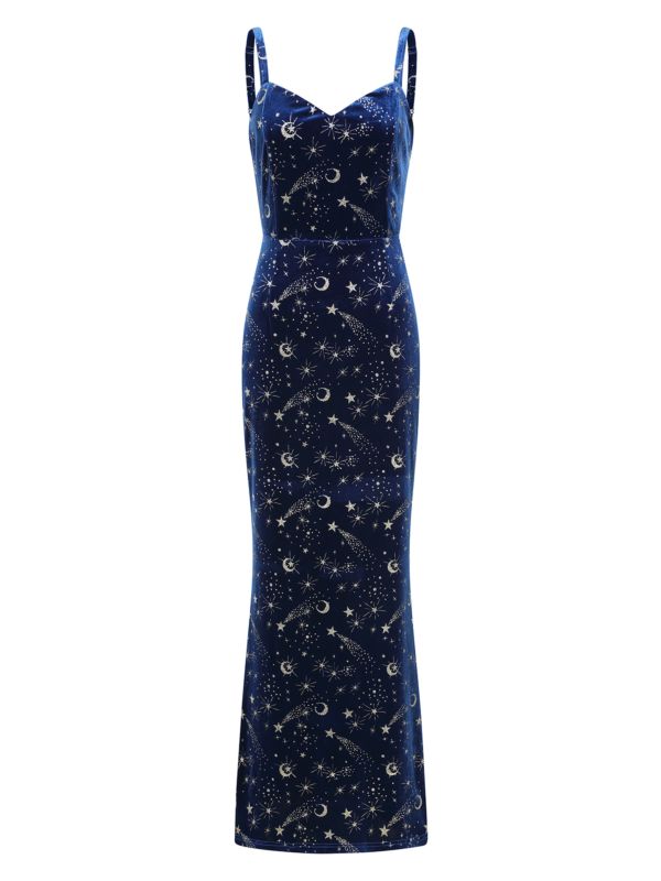 Banned Gloria Celestial Maxi Dress - 50s Style Galaxy Print Dress with Cape-Blue