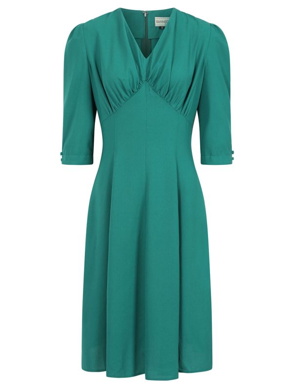 Banned Gioia 40s Tea Dress - Vintage Style Green V-Neck Gathered Dress-Green