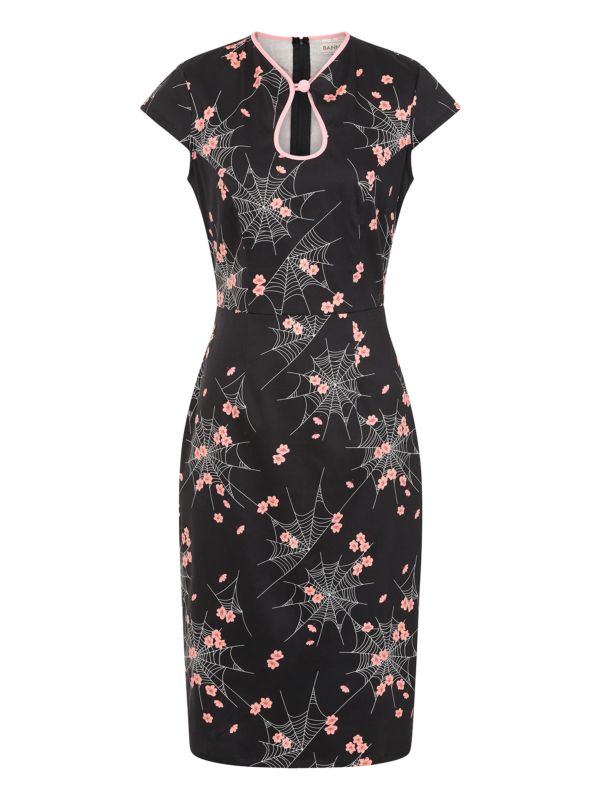 Banned Kaori Spiderweb Blossom Pencil Dress - 50s Style Oriental Fitted Dress-Black