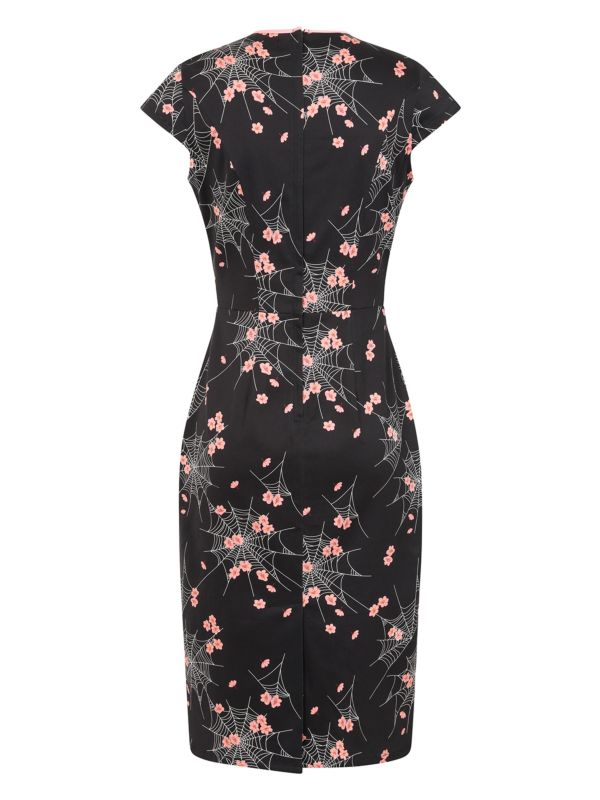 Banned Kaori Spiderweb Blossom Pencil Dress - 50s Style Oriental Fitted Dress-Black