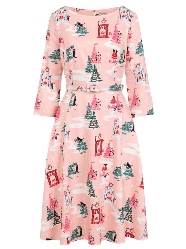 Banned retro Barbara Purrfect Christmas Swing Dress with Pockets.-Pink