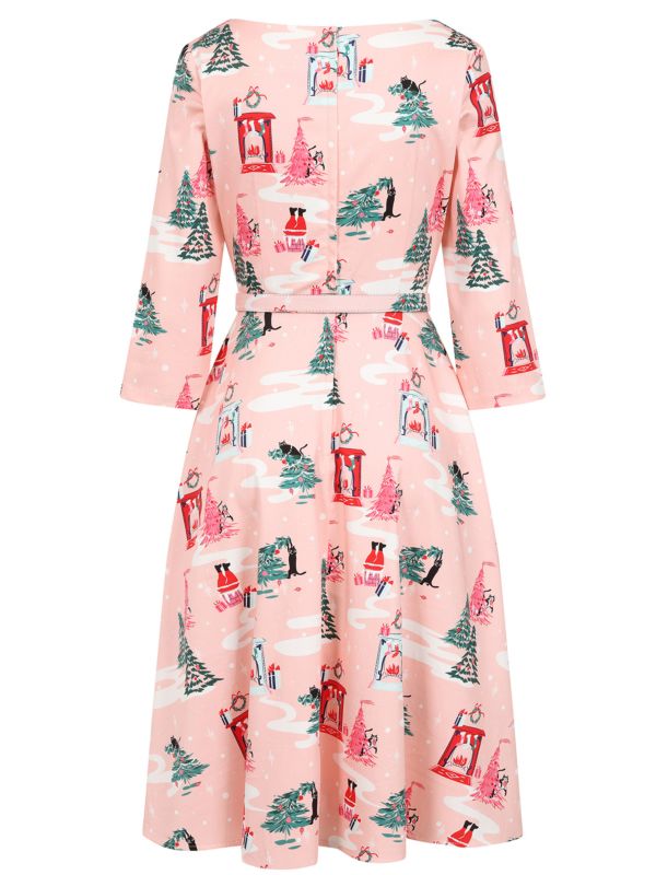 Banned retro Barbara Purrfect Christmas Swing Dress with Pockets.-Pink
